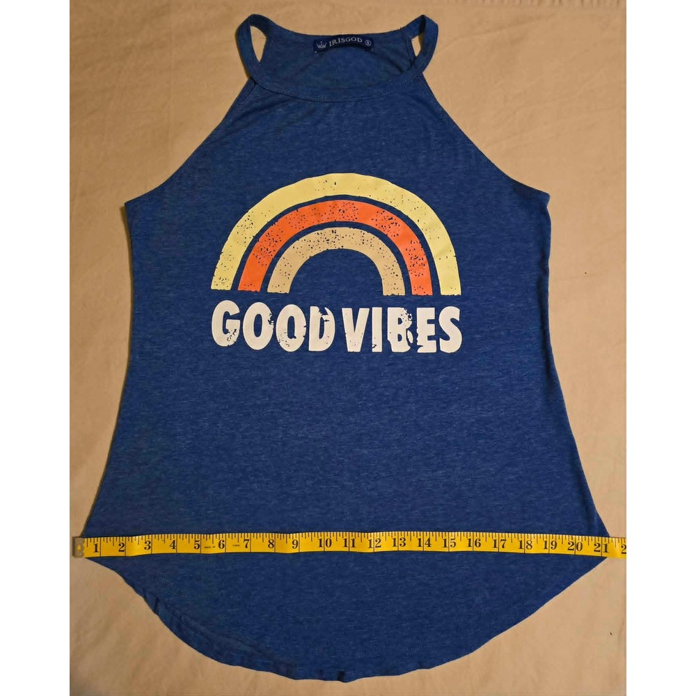 IRISGOD Good Vibes Rainbow Graphic Halter Tank Top Blue Small